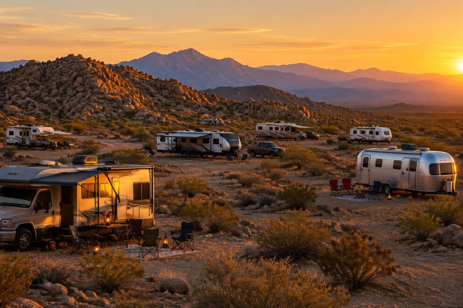 Long-stay desert camping at golden hour near Quartzsite, Arizona